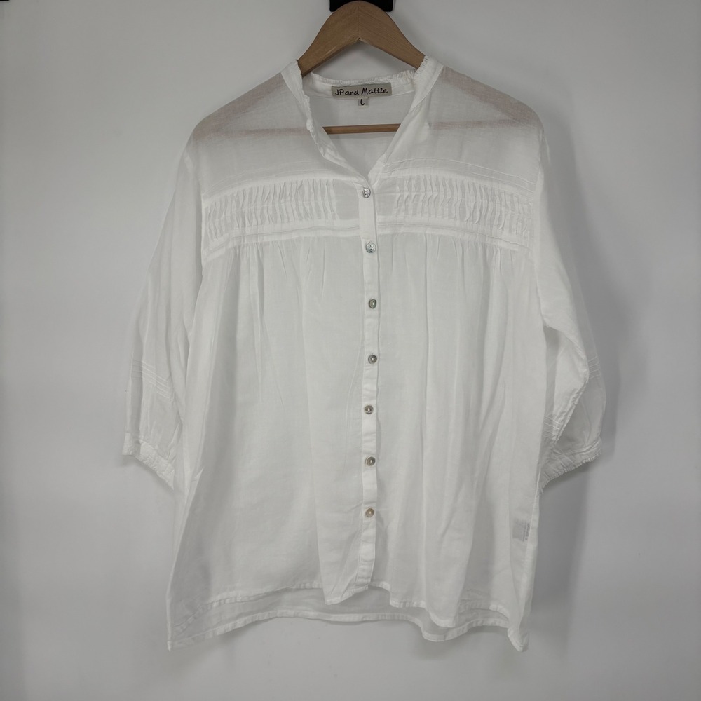 JP‎ and Mattie White Cotton Gauze Pintuck Pleated Button Front Blouse Large
